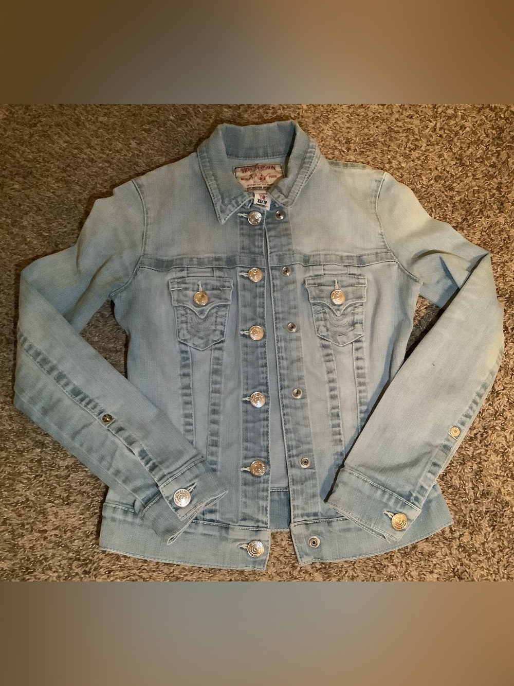 Women's True Religion trucker jacket, color light blue, size: XS